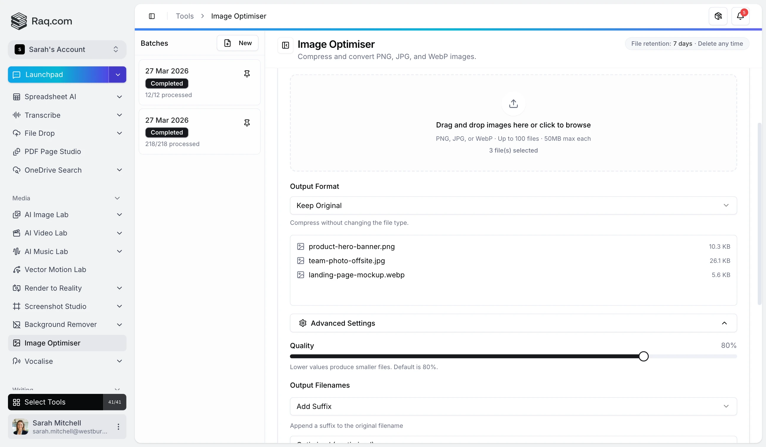 Image Optimiser interface