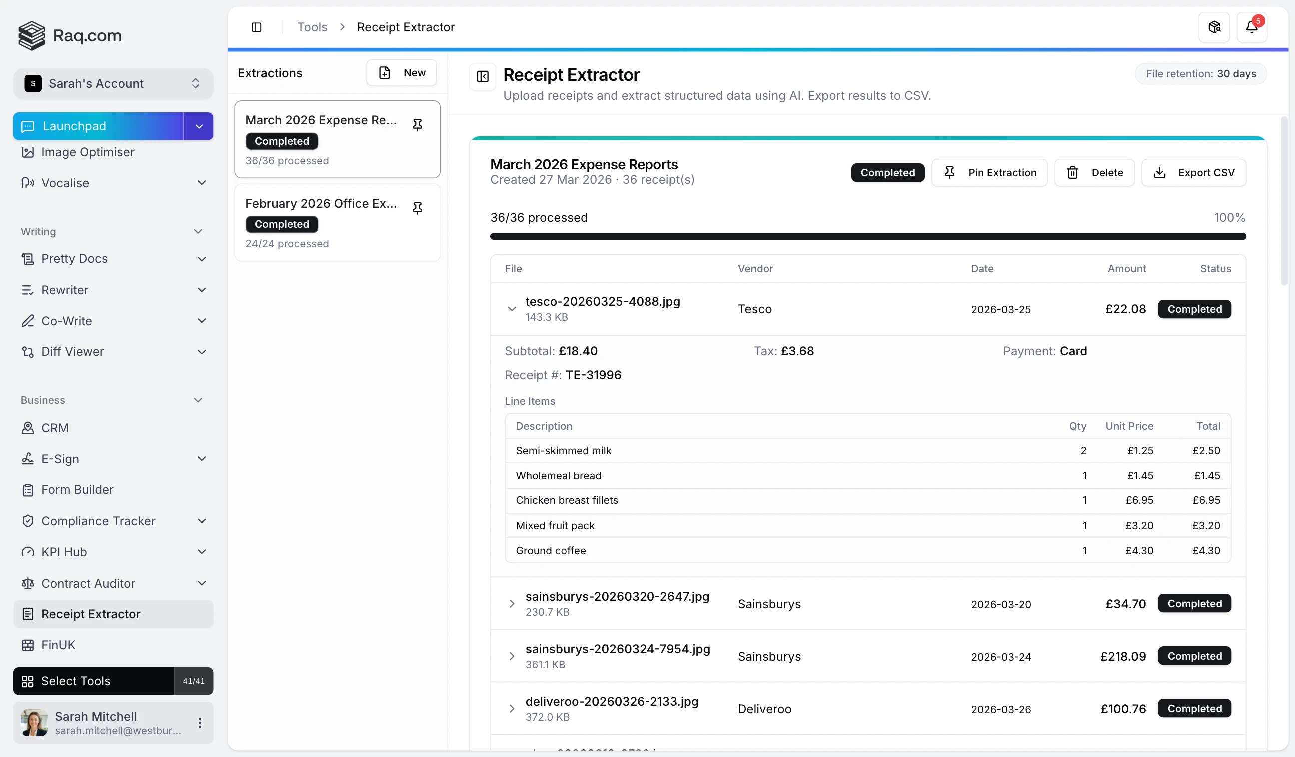 Receipt Extractor interface